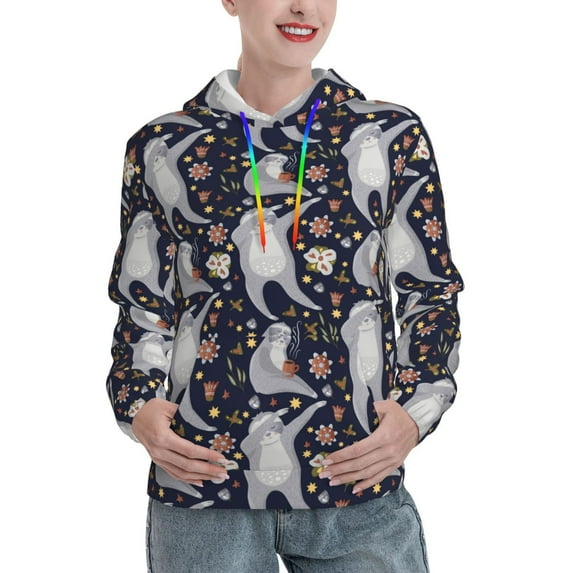 Salouo Sloths Dancing Pattern Hoodie Sweatshirts for Women, Autumn Pullover Hoodie Workout Sweat Women's Long Sleeve Preppy Sweatshirts-Large
