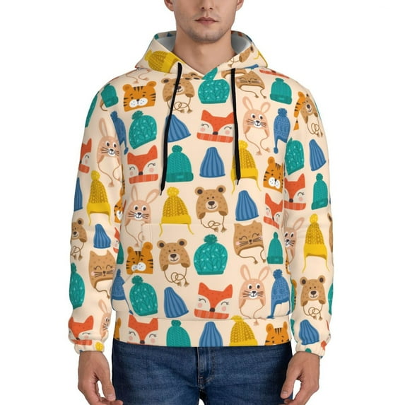 Salouo Small Animals with Knit Hat Pattern Pattern Men's Fall Hoodie Sweatshirt,Sport Hoodie with Pockets for Men Pullover Casual Hooded Sweatshirt-Medium