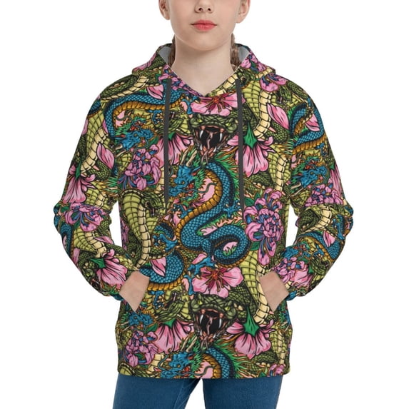 Salouo Snake And Flower Pattern Hoodie Sweatshirt for Youth, Fall Pullover Hoodie Sweatshirt Long-Sleeve Pullover Hooded Sweatshirt-Medium