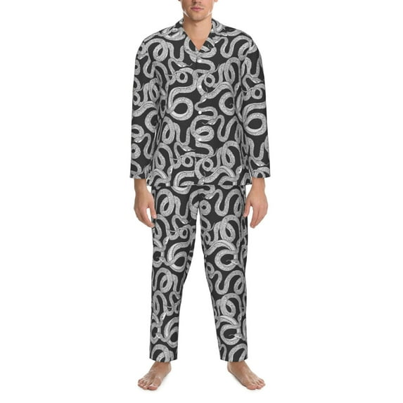 Salouo Snake Print Button-Front Long Sleeve Pajama Set for Men, Soft 2Pjs Men's Long Sleeve Sleepwear -X-Large