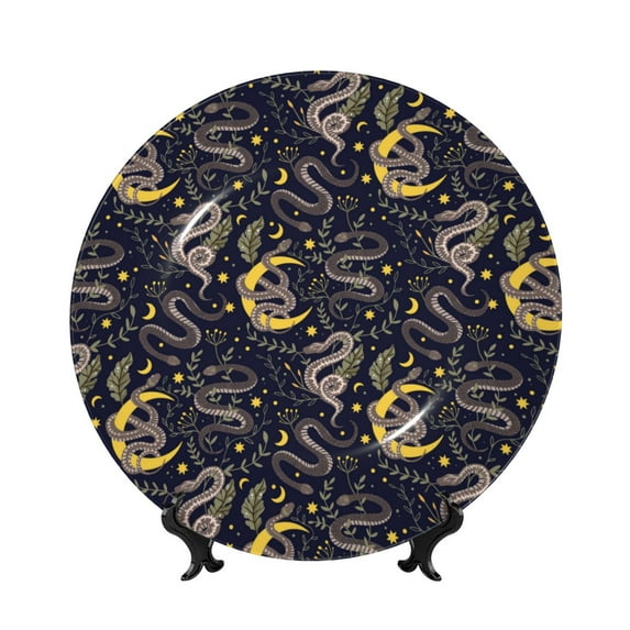 Salouo Snake Sleep Pattern Bone China Decorative Plate,Holiday Decor Decorative Ceramic Plates with Stand Elegant Home DéCor for Hallway/Living Room/Bedroom-6in