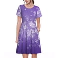 thumbnail image 1 of Salouo Snowfall Sky White Purple for Women's Short Sleeve Summer Dress, Pleated Loose Swing Knee Length Dresses with Pockets, 1 of 6