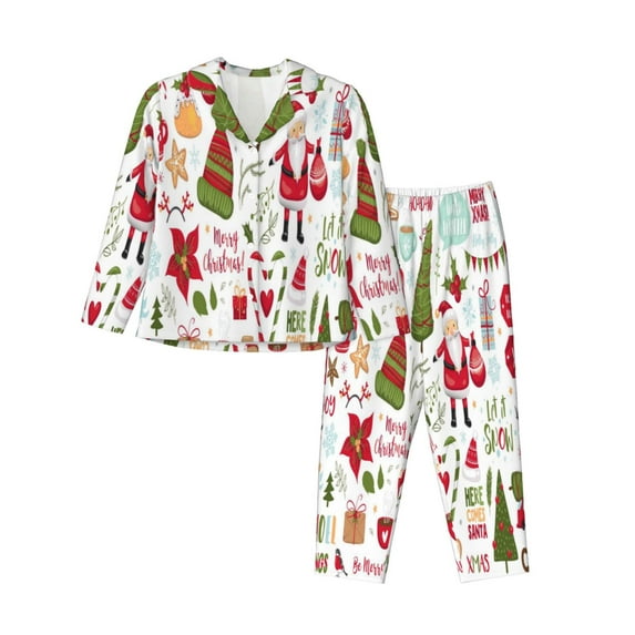 Salouo Snowflakes Santa Claus Pattern Women's Pajamas Set Long Sleeve Button Down Sleepwear Soft Pj Lounge Sets for women 2 Piece Pjs Set with Long Pants -Medium