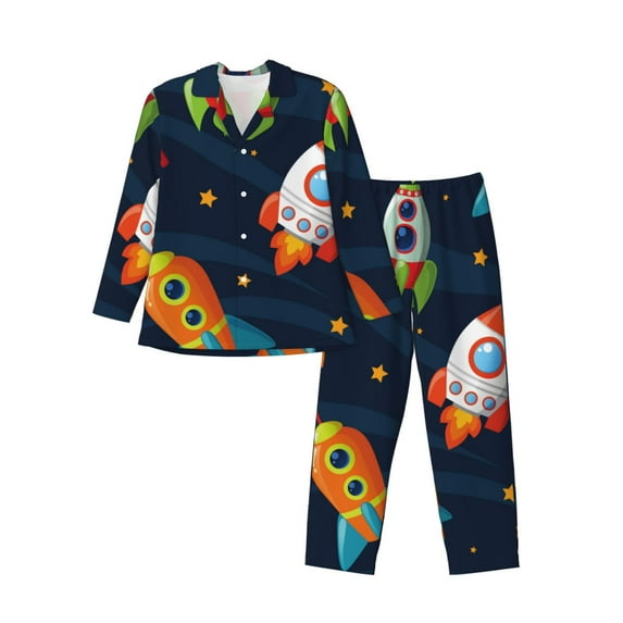 Salouo Spaceships and Stars Print Button-Front Long Sleeve Pajama Set for Men, Soft 2Pjs Men's Long Sleeve Sleepwear-Medium