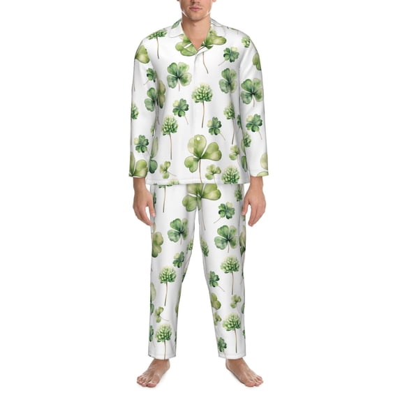 Salouo St Patrick's Day3 Print Button-Front Long Sleeve Pajama Set for Men, Soft 2Pjs Men's Long Sleeve Sleepwear -XX-Large