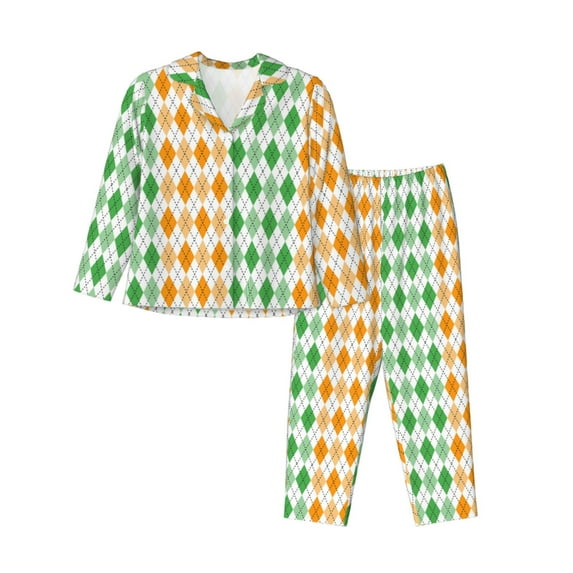 Salouo St. Patrick's day argyle Pattern Women's Pajamas Set Long Sleeve Button Down Sleepwear Soft Pj Lounge Sets for women 2 Piece Pjs Set with Long Pants-XX-Large