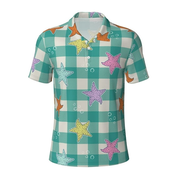Salouo Starfish On Checkered Background for Men's Short Sleeve Polo Shirts,Polo Shirts for Men Performance Short Sleeve Golf Shirt Athletic Casual Collared T-Shirt-3X-Large
