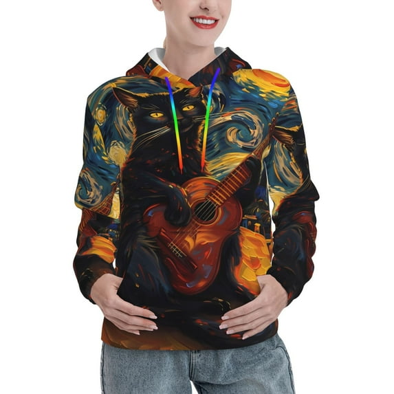 Salouo Starry Night Cat Guitarist Pattern Hoodie Sweatshirts for Women, Autumn Pullover Hoodie Workout Sweat Women's Long Sleeve Preppy Sweatshirts-Medium