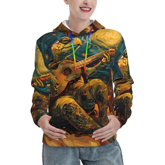 Salouo Starry Night Guitar Turtle Pattern Hoodie Sweatshirts for Women, Autumn Pullover Hoodie Workout Sweat Women's Long Sleeve Preppy Sweatshirts-Small