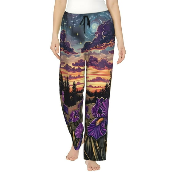Salouo Starry Night Purple Irises Print Women's Pajama Pants Casual Loose Sweatpants PJs Flowy Pants Drawstring Palazzo for Women Wide Leg Pants Lounge Pajama -Medium