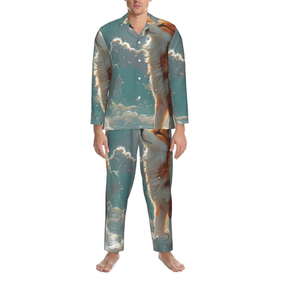 Salouo Starry Sky Cloud Fox Print Button-Front Long Sleeve Pajama Set for Men, Soft 2Pjs Men's Long Sleeve Sleepwear -Medium