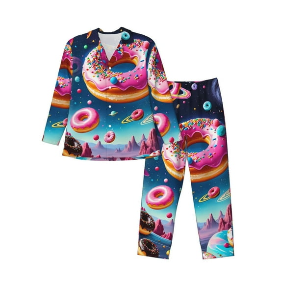 Salouo Starry Sky Colorful Donut Print Button-Front Long Sleeve Pajama Set for Men, Soft 2Pjs Men's Long Sleeve Sleepwear-X-Large