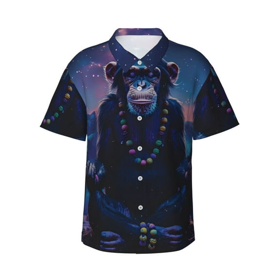 Salouo Starry Sky Meditating Chimpanzees for Hawaiian Shirt for Men,Summer Beach Casual Short Sleeve Button Down Shirts Men's Regular-Fit Short-Sleeve Print Shirt -Large