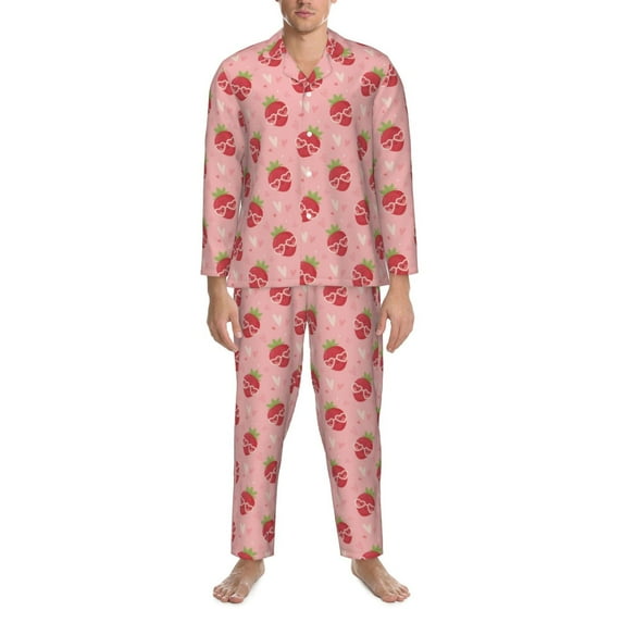 Salouo Strawberries Print Button-Front Long Sleeve Pajama Set for Men, Soft 2Pjs Men's Long Sleeve Sleepwear -XX-Large