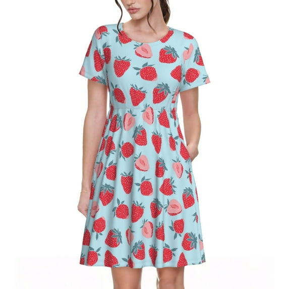 Salouo Strawberries for Women's Short Sleeve Summer Dress, Pleated Loose Swing Knee Length Dresses with Pockets