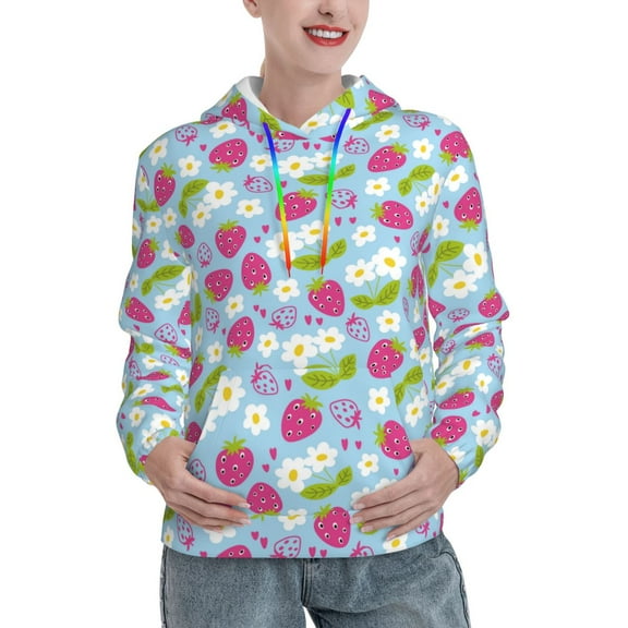 Salouo Strawberry And Flowers Pattern Hoodie Sweatshirts for Women, Autumn Pullover Hoodie Workout Sweat Women's Long Sleeve Preppy Sweatshirts-XX-Large