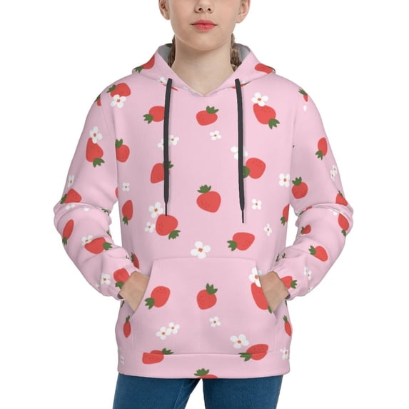 Salouo Strawberry Floral Pattern Hoodie Sweatshirt for Youth, Fall Pullover Hoodie Sweatshirt Long-Sleeve Pullover Hooded Sweatshirt-Small