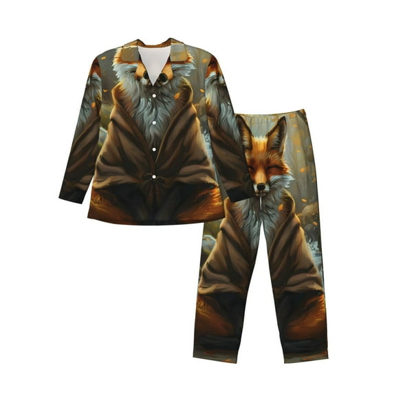 Salouo Streamside Meditating Fox Print Button-Front Long Sleeve Pajama Set for Men, Soft 2Pjs Men's Long Sleeve Sleepwear-Small