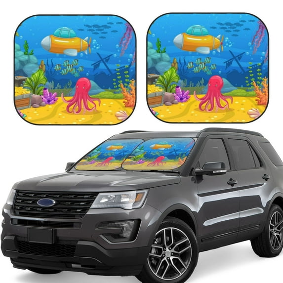 Salouo Submarine And Landscape Pattern Car Windshield Sun Shade Foldable | Front Windshield Shade for Sun, Heat and UV Rays | Interior Sun Protection-Large