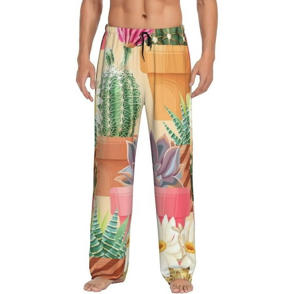 Salouo Succulent And Cactus Print Pajama Pants for Men, Lounge Pants Elastic Waistband Casual Men's sleepwear Loungewear Sleep Pajama Pant -Medium