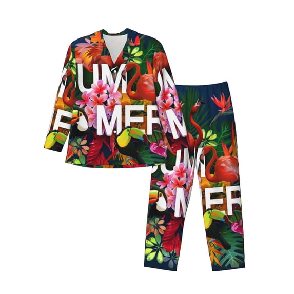 Salouo Summer Birds and Flowers Print Button-Front Long Sleeve Pajama Set for Men, Soft 2Pjs Men's Long Sleeve Sleepwear-XX-Large