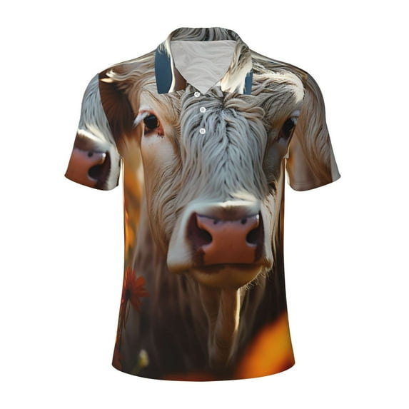 Salouo Sunflower Cow In Flower Field for Men's Short Sleeve Polo Shirts,Polo Shirts for Men Performance Short Sleeve Golf Shirt Athletic Casual Collared T-Shirt-XX-Large
