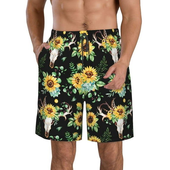 Salouo Sunflower Skull Boho Pattern Swim Trunks for Men,Men's Hawaiian Bathing Suit Swimsuits Quick Dry Swimming Board Shorts Beach Shorts with Pockets-Small