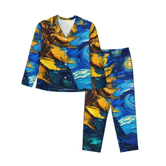 Salouo Sunflower Starry Night Vibes Pattern Women's Pajamas Set Long Sleeve Button Down Sleepwear Soft Pj Lounge Sets for women 2 Piece Pjs Set with Long Pants-Medium