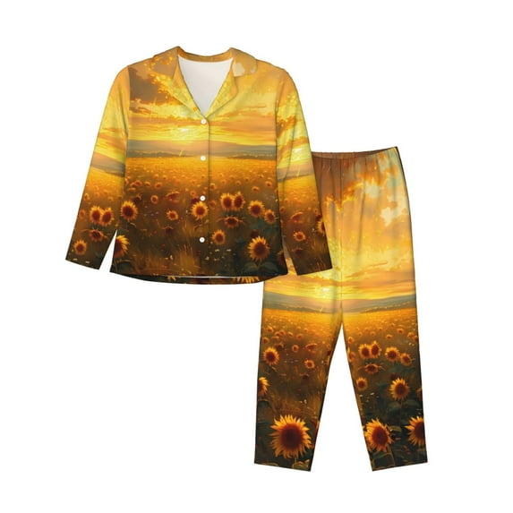 Salouo Sunflower Sunset Rainfall Pattern Women's Pajamas Set Long Sleeve Button Down Sleepwear Soft Pj Lounge Sets for women 2 Piece Pjs Set with Long Pants-Large