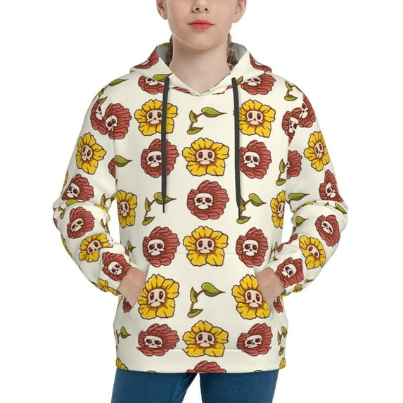 Salouo Sunflowers And Skull Pattern Hoodie Sweatshirt for Youth, Fall Pullover Hoodie Sweatshirt Long-Sleeve Pullover Hooded Sweatshirt-X-Large