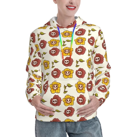 Salouo Sunflowers And Skull Pattern Hoodie Sweatshirts for Women, Autumn Pullover Hoodie Workout Sweat Women's Long Sleeve Preppy Sweatshirts-X-Large