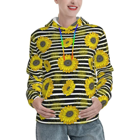 Salouo Sunflowers On Black And White Stripes Pattern Hoodie Sweatshirts for Women, Autumn Pullover Hoodie Workout Sweat Women's Long Sleeve Preppy Sweatshirts-XX-Large