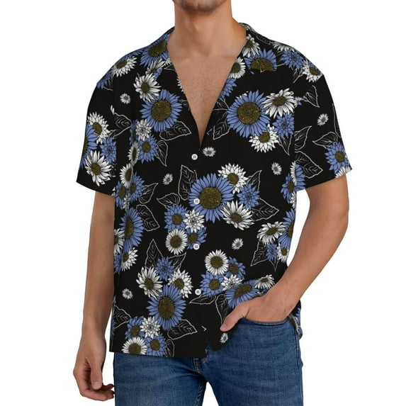 Salouo Sunflowers Pattern Cuban Collar Shirts for Men Button-Down Shirt Men's Short Sleeve Shirts Hawaiian Shirts Casual Shirts -XX-Large