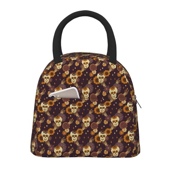 Salouo Sunflowers with Skull and Hand for Insulated Lunch Bag for Women/Men - Leakproof Cooler Tote Bag Organizer - Reusable Lunch Box for Office Picnic Hiking Beach-One Size