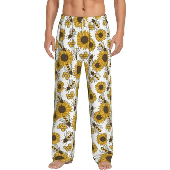 Salouo Sunflowers and Bees Print Pajama Pants for Men, Lounge Pants Elastic Waistband Casual Men's sleepwear Loungewear Sleep Pajama Pant -XX-Large