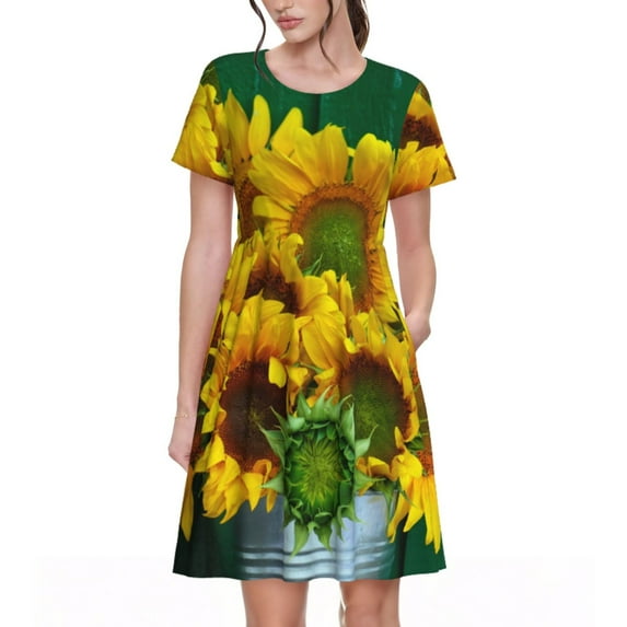 Salouo Sunflowers in Bucket for Women's Short Sleeve Summer Dress, Pleated Loose Swing Knee Length Dresses with Pockets