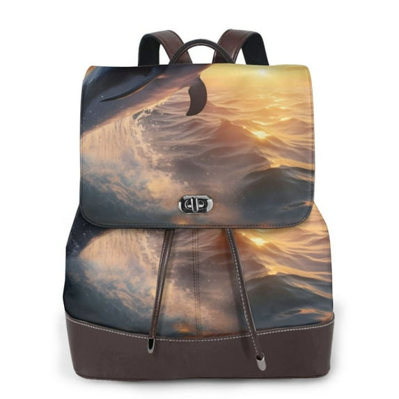 Salouo Sunset Dancing Dolphin Pattern PU Leather Backpack,Purse for Women Fashion Multipurpose Design Handbag Ladies Shoulder Bags Travel Backpack