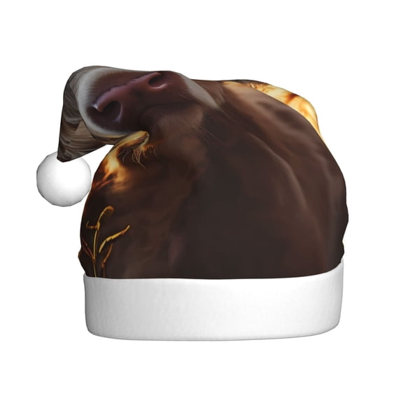 Salouo Sunset Sunflower Small Cow for Adult Christmas Hat Xmas Holiday Hat Santa Hat for Women & Men Festive Headwear Accessories Fit for Christmas/ New Year/Holiday/Party,1PC