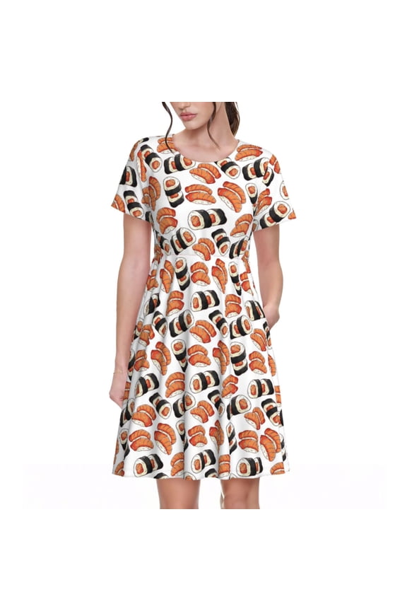 Sushi Roll for Women's Short Sleeve Summer Dress, Pleated Loose Swing Knee Length Dresses with Pockets