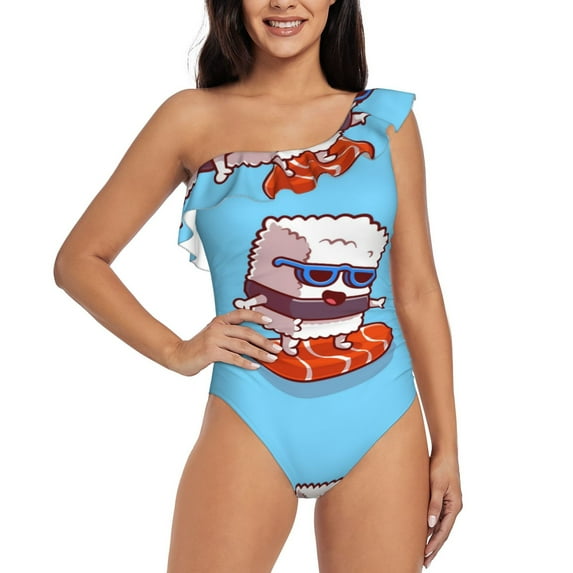 Salouo Sushi Salmon Surfing Pattern One Shoulder Ruffled One Piece Swimsuit for Women V Neck Swimwear Tummy Control Bathing Suit-Small