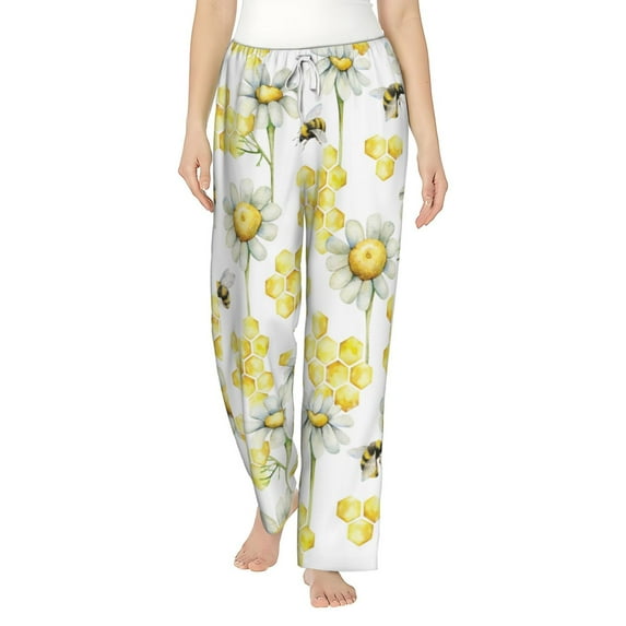 Salouo Sweet Honey Print Women's Pajama Pants Casual Loose Sweatpants PJs Flowy Pants Drawstring Palazzo for Women Wide Leg Pants Lounge Pajama -Medium