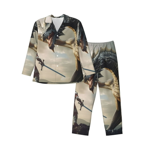 Salouo Swordsman Cool Dragon Print Button-Front Long Sleeve Pajama Set for Men, Soft 2Pjs Men's Long Sleeve Sleepwear-Large