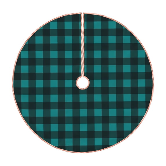 Salouo Teal On Black Plaid Christmas Tree Skirt 48" Farmhouse Christmas Decorations Snowman Xmas Tree Skirt Tree Mat for Holiday Party Decor