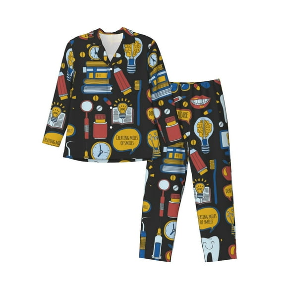 Salouo Teeth Print Button-Front Long Sleeve Pajama Set for Men, Soft 2Pjs Men's Long Sleeve Sleepwear-X-Large