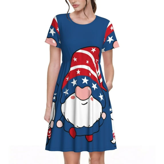 Salouo Three Gnome Independence Day for Women's Short Sleeve Summer Dress, Pleated Loose Swing Knee Length Dresses with Pockets