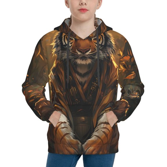 Salouo Tiger In The Fallen Leaf Forest Pattern Hoodie Sweatshirt for Youth, Fall Pullover Hoodie Sweatshirt Long-Sleeve Pullover Hooded Sweatshirt-X-Large