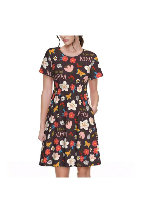 To The Best Mom for Women's Short Sleeve Summer Dress, Pleated Loose Swing Knee Length Dresses with Pockets