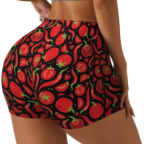 Salouo Tomatoes And Chili Print Women's Athletic Shorts,Booty Shorts Biker Shorts High Waisted Elastic Workout Shorts for Yoga Gym Running Sports-Large
