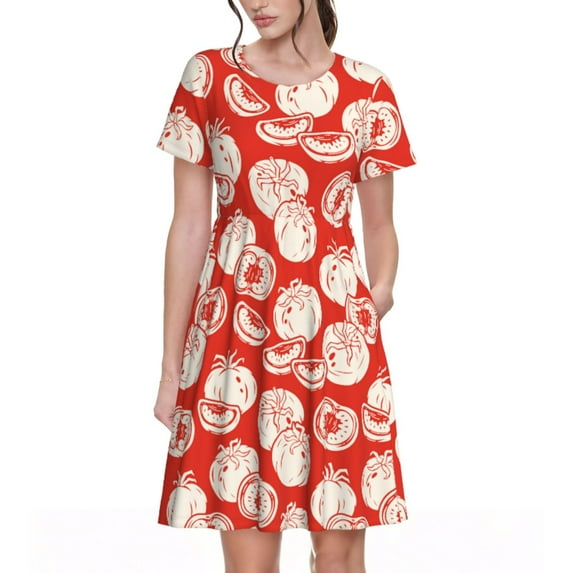 Salouo Tomatoes for Women's Short Sleeve Summer Dress, Pleated Loose Swing Knee Length Dresses with Pockets