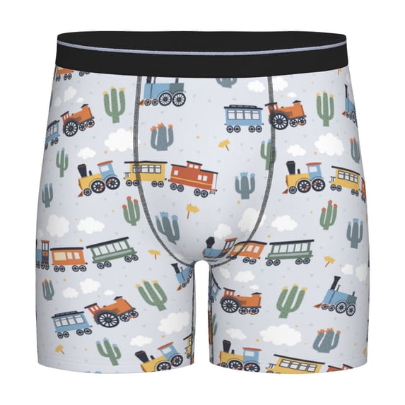 Salouo Trains And Cactuse Pattern Men's Boxer Briefs, Soft & Breathable Underwear Elastic Waistband Briefs for Men,1-Pack
